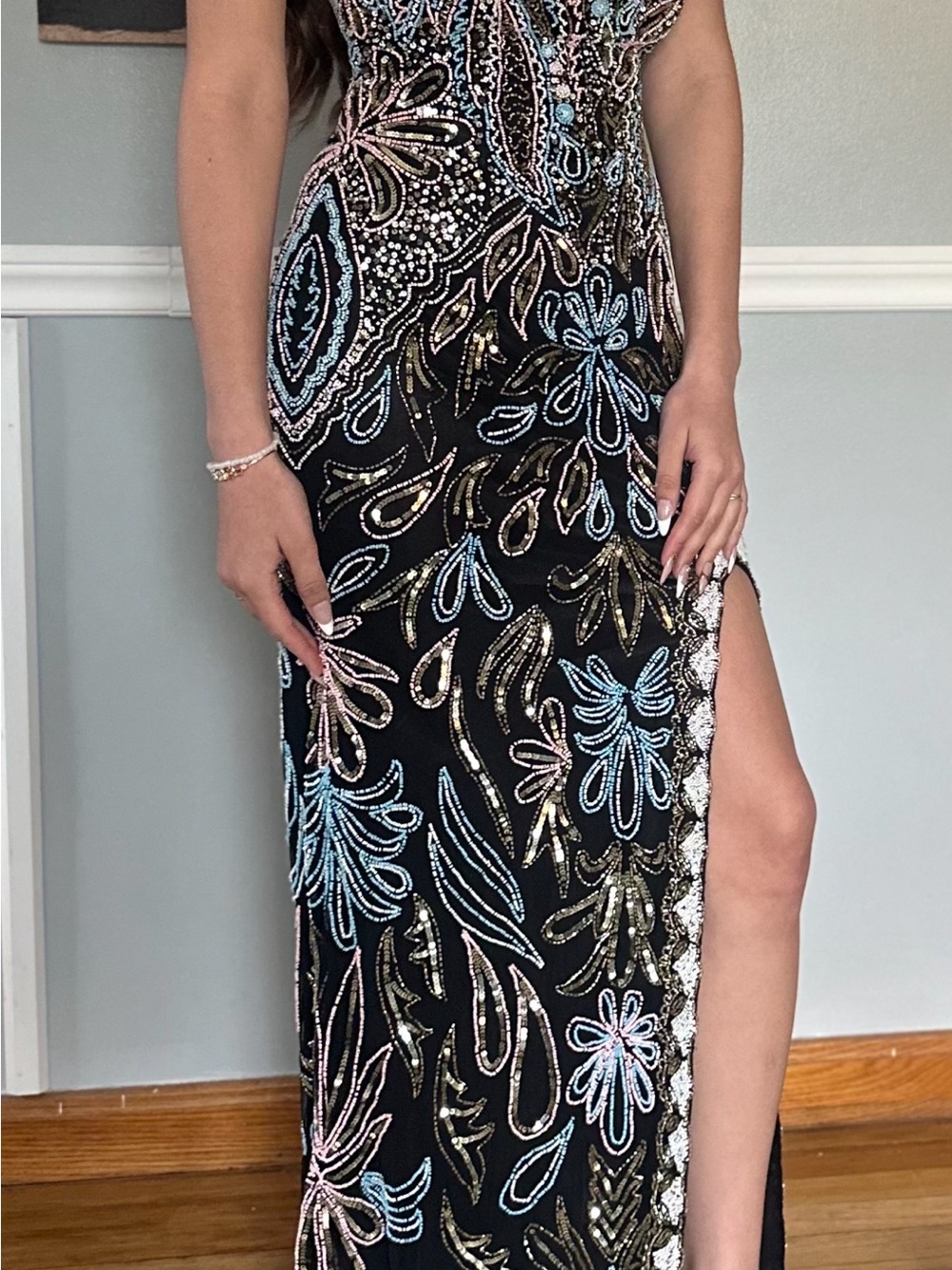 Strapless Black Beaded Evening Dress with Multicolor Embellishment